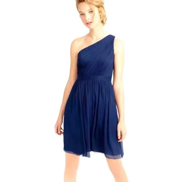 Amsale One Shoulder Party Cocktail Silk Navy Dress 4 Bridesmaid Wedding Guest - Picture 12 of 12